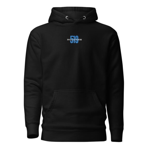 High-quality 519Hoodies hoodie in black with a unique logo on the chest and drawstring hood.