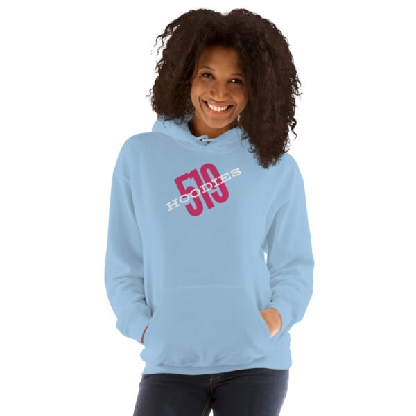 Pink 519Hoodies Logo on a light Blue Hoodie for Ladies