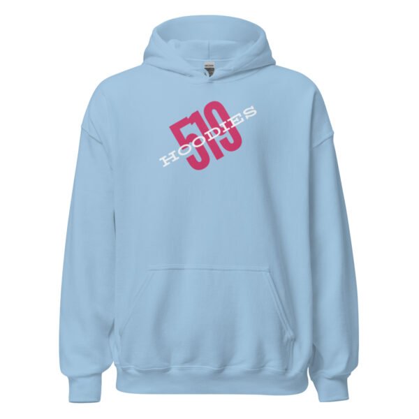 Pink 519Hoodies Logo on a light Blue Hoodie for Ladies - Image 2